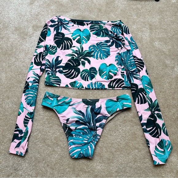 Mardu Pink Palm Leaf Print Bikini With Cropped Rash Guard S/M - Picture 5 of 6